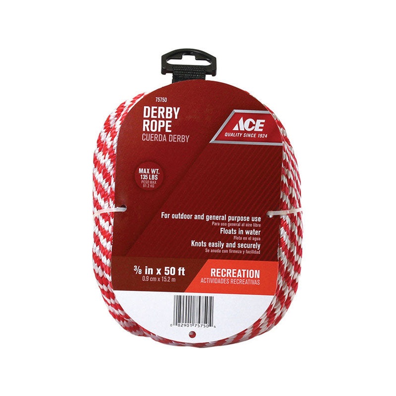 Ace 3/8 in. D X 50 ft. L Red/White Solid Braided Poly Derby Rope
