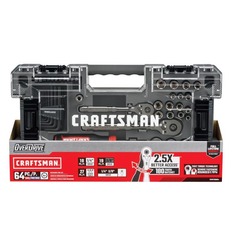 Craftsman OVERDRIVE 1/4 and 3/8 in. drive Metric/SAE 6 Point Mechanic’s Tool Set 64 pc