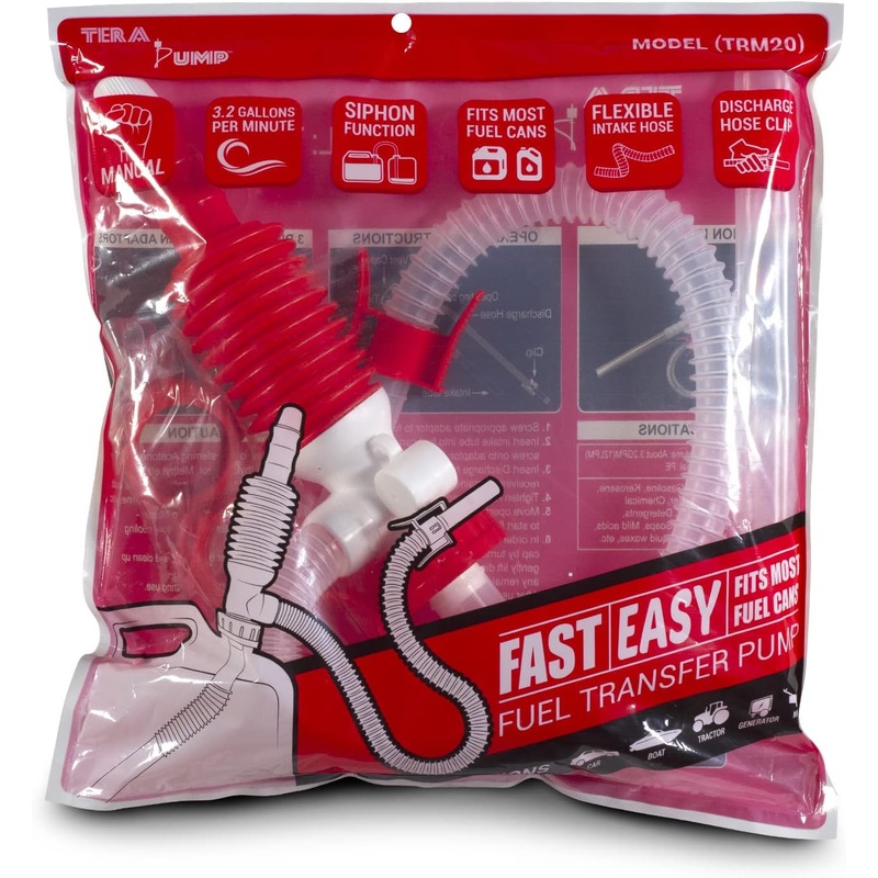 TERA PUMP TRM20 Manual Fuel Transfer Pump w/Bendable Intake hose and 3 different gas can adapters