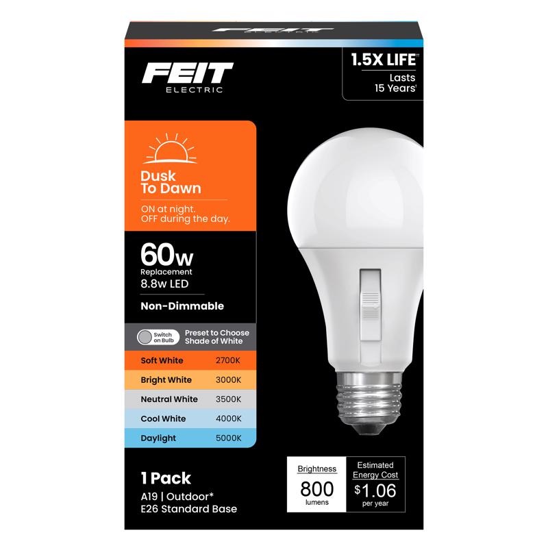 Feit A19 E26 (Medium) LED Dusk to Dawn Bulb Adjustable White 60 Watt Equivalence 1 pk