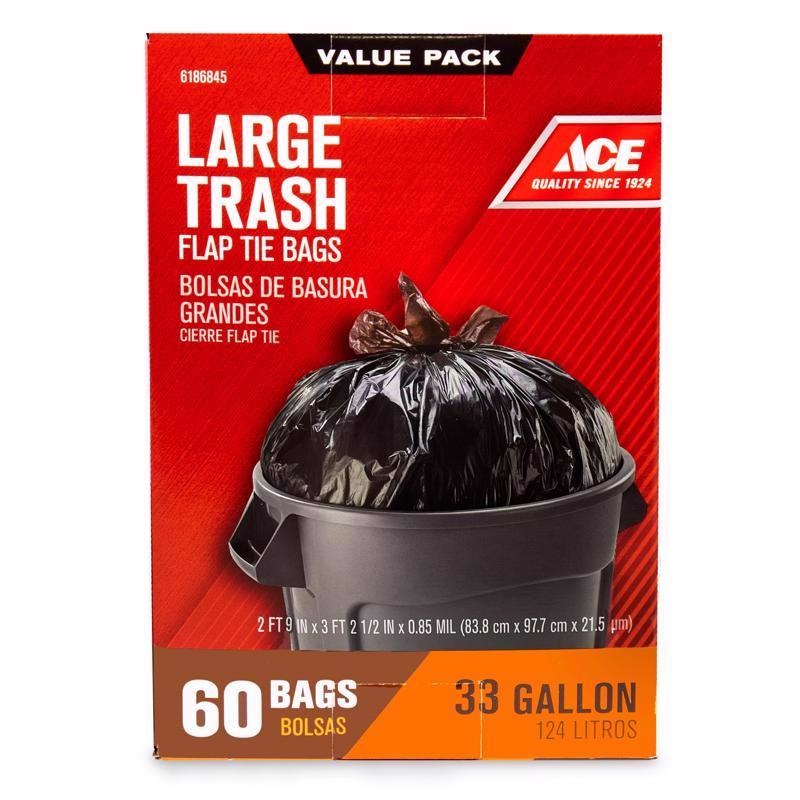 Ace 33 gal No Scent Trash Bags Flap Tie 60 pk