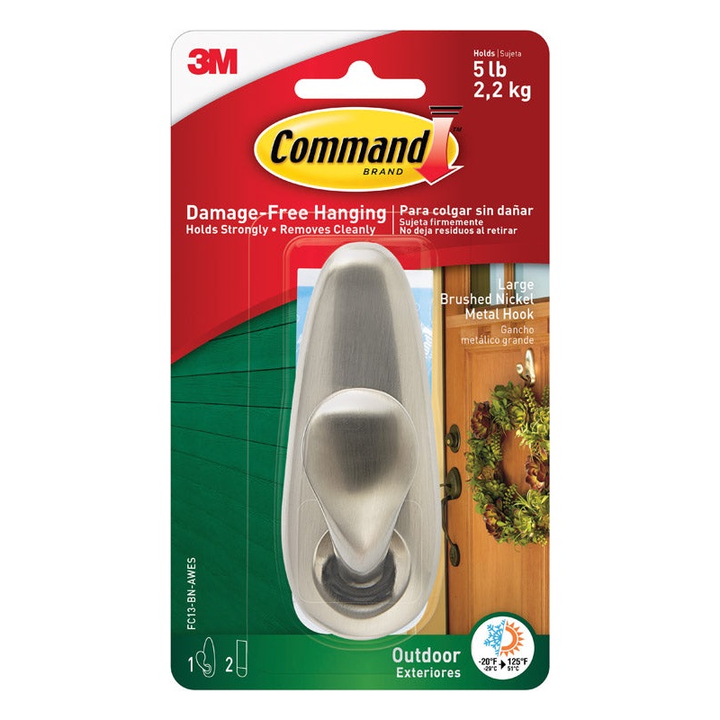 3M Command 1.62 in. L Brushed Nickel Metal Large Hook 5 lb. cap. 1 pk