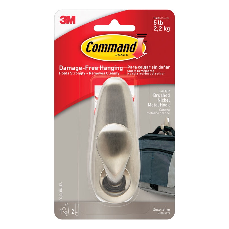 3M Command 4-1/8 in. L Brushed Nickel Metal Large Hook 5 lb. cap. 1 pk