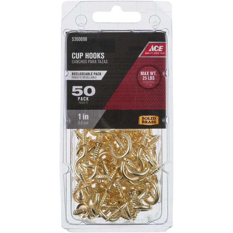 Ace Small Bright Brass Brass 1 in. L Cup Hook 25 lb 50 pk