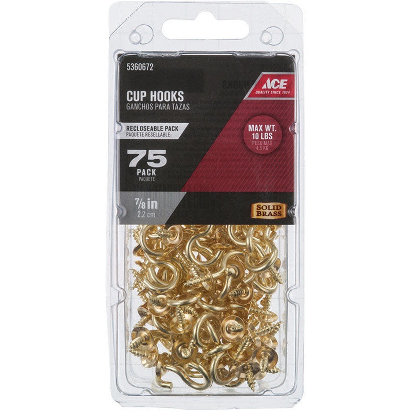 Ace Small Bright Brass Brass 7/8 in. L Cup Hook 10 lb 75 pk
