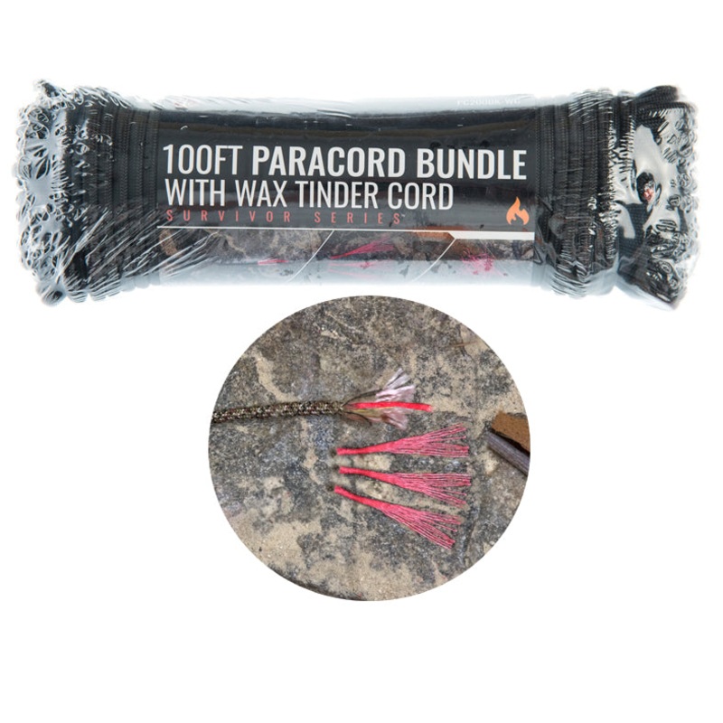 100′ x 5/32 Paracord 7 Strand with Wax Tinder Cord (Black), Pull Strength 550 LBS