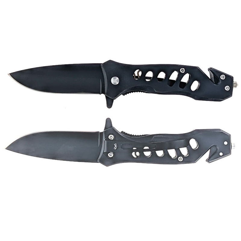 3.75 Spring Assisted Drop Point Black Survival Knife With Window Breaker & Seatbelt Cutter