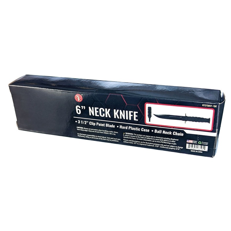 6 Clip Point Neck Knife, Black Handle/Black Blade, Ball Neck Chain