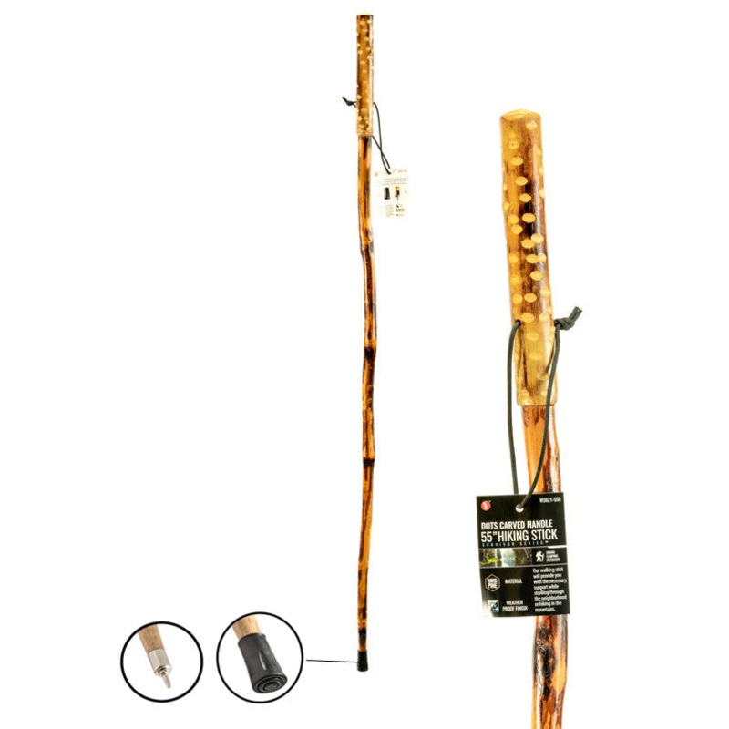 55 Dots Carved Handle Wooden Hiking/Walking Stick,Black Paracord Hand Strap
