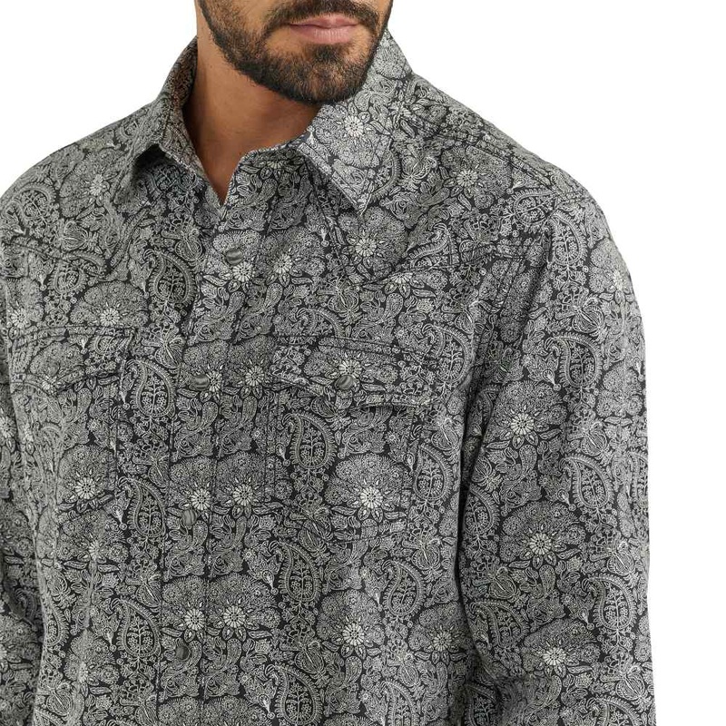 Wrangler Mens L Retro Blcak & Grey Paisley Print Shirt