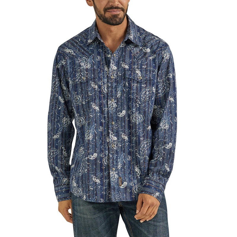 Wrangler Mens XLT Retro Premium Western Snap Print Shirt – Indigo Paisley