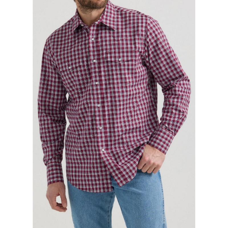 Wrangler Mens XLT Wrinkle Resist Dark Red Plaid Shirt