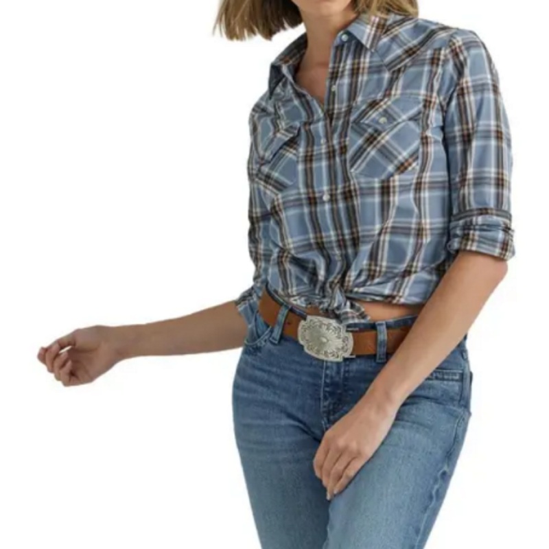 Wrangler Womens S Essential Long Sleeve Snap Plaid Shirt – Blue
