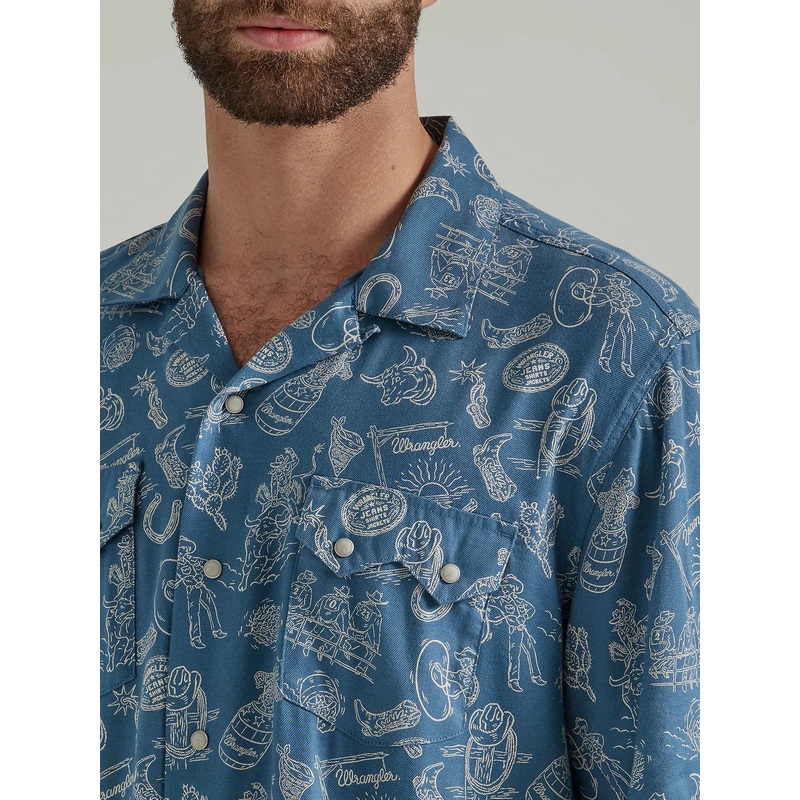 Wrangler Mens L Navy Print Coconut Cowboy Shirt